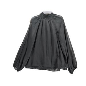 Joie Smocked Top XS Black Sheer Long Sleeves Lined Keyhole Blouse High Mock Neck